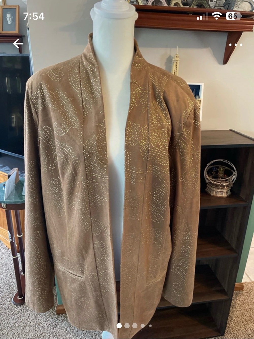 Chico's Brown Suede Open-Front Jacket with Metallic Dot Motif
